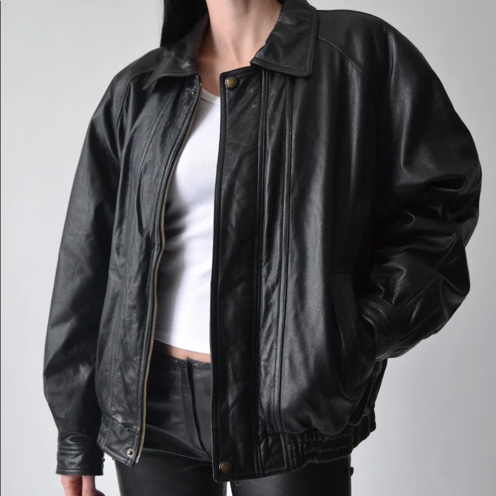 Vintage Leather Bomber Jacket-Hailey Bieber